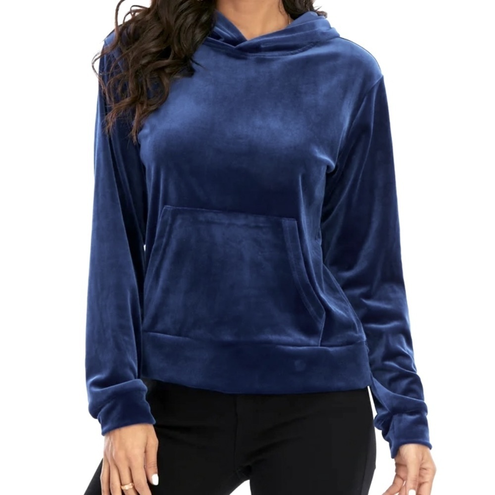 3/$20 AMBIANCE Navy Dark Blue Velour Kangaroo Pocket Hoodie Pullover Size Med